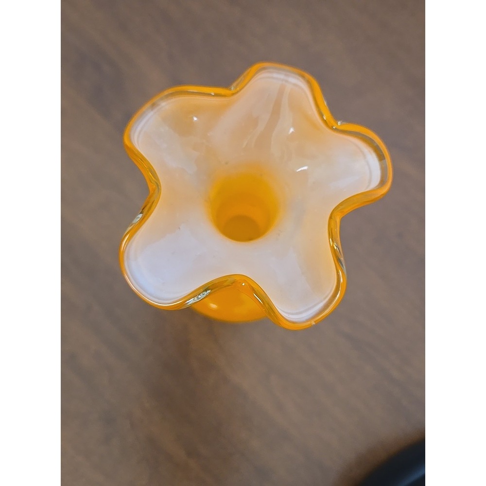 Vintage Orange Hand Blown Art Glass Vase Clear Handles Ruffled Rim Murano Style - Picture 7 of 8